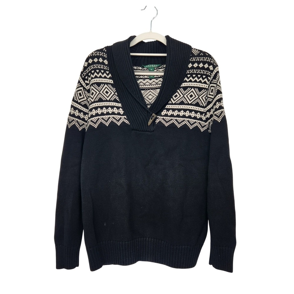 Lauren Ralph Lauren Black & White Nordic Fair Isle Knit Plus Sweater Women 1X